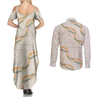 Aloha Pakalana and Puakenikeni Lei Couples Matching Summer Maxi Dress and Long Sleeve Button Shirt Beige Hawaiian Pattern
