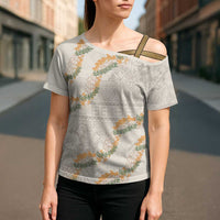 Aloha Pakalana and Puakenikeni Lei Cross Shoulder Shirt Beige Hawaiian Pattern - Polynesian Pride