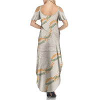 Aloha Pakalana and Puakenikeni Lei Summer Maxi Dress Beige Hawaiian Pattern