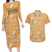 Aloha Pakalana and Puakenikeni Lei Couples Matching Long Sleeve Bodycon Dress and Hawaiian Shirt Gold Hawaiian Pattern LT9 Gold - Polynesian Pride