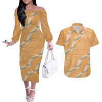 Aloha Pakalana and Puakenikeni Lei Couples Matching Off The Shoulder Long Sleeve Dress and Hawaiian Shirt Gold Hawaiian Pattern LT9 Gold - Polynesian Pride