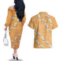 Aloha Pakalana and Puakenikeni Lei Couples Matching Off The Shoulder Long Sleeve Dress and Hawaiian Shirt Gold Hawaiian Pattern LT9 - Polynesian Pride