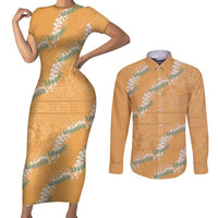 Aloha Pakalana and Puakenikeni Lei Couples Matching Short Sleeve Bodycon Dress and Long Sleeve Button Shirt Gold Hawaiian Pattern LT9 Gold - Polynesian Pride