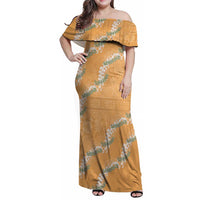 Aloha Pakalana and Puakenikeni Lei Family Matching Off Shoulder Maxi Dress and Hawaiian Shirt Gold Hawaiian Pattern LT9 Mom's Dress Gold - Polynesian Pride
