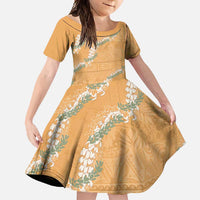 Aloha Pakalana and Puakenikeni Lei Family Matching Short Sleeve Bodycon Dress and Hawaiian Shirt Gold Hawaiian Pattern LT9 Daughter's Dress Gold - Polynesian Pride