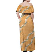 Aloha Pakalana and Puakenikeni Lei Off Shoulder Maxi Dress Gold Hawaiian Pattern