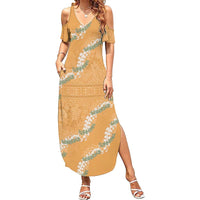 Aloha Pakalana and Puakenikeni Lei Summer Maxi Dress Gold Hawaiian Pattern