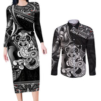 Personalised New Zealand Potae Pango Cricket Couples Matching Long Sleeve Bodycon Dress and Long Sleeve Button Shirt Special Maori Hei Tiki Tribal Tattoo LT9 Black - Polynesian Pride