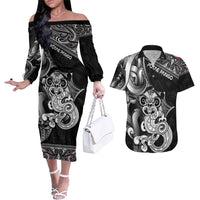 Personalised New Zealand Potae Pango Cricket Couples Matching Off The Shoulder Long Sleeve Dress and Hawaiian Shirt Special Maori Hei Tiki Tribal Tattoo LT9 Black - Polynesian Pride