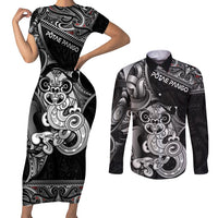 Personalised New Zealand Potae Pango Cricket Couples Matching Short Sleeve Bodycon Dress and Long Sleeve Button Shirt Special Maori Hei Tiki Tribal Tattoo LT9 Black - Polynesian Pride