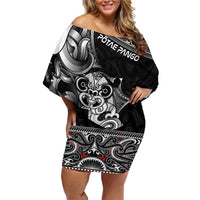 Personalised New Zealand Potae Pango Cricket Family Matching Off Shoulder Short Dress and Hawaiian Shirt Special Maori Hei Tiki Tribal Tattoo LT9 Mom's Dress Black - Polynesian Pride