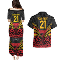 Custom Papua New Guinea Cricket Couples Matching Puletasi and Hawaiian Shirt PNG Emblem Mix Polyneisan Pattern