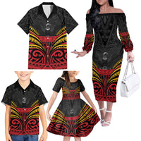 Custom Papua New Guinea Cricket Family Matching Off The Shoulder Long Sleeve Dress and Hawaiian Shirt PNG Emblem Mix Polyneisan Pattern LT9 - Polynesian Pride