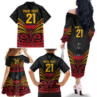 Custom Papua New Guinea Cricket Family Matching Off The Shoulder Long Sleeve Dress and Hawaiian Shirt PNG Emblem Mix Polyneisan Pattern LT9 - Polynesian Pride