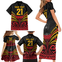 Custom Papua New Guinea Cricket Family Matching Short Sleeve Bodycon Dress and Hawaiian Shirt PNG Emblem Mix Polyneisan Pattern LT9 - Polynesian Pride