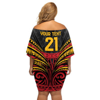 Custom Papua New Guinea Cricket Off Shoulder Short Dress PNG Emblem Mix Polyneisan Pattern