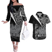 Custom Papua New Guinea Cricket Couples Matching Off The Shoulder Long Sleeve Dress and Hawaiian Shirt Tribal Bird of Paradise Tattoo LT9 Black - Polynesian Pride