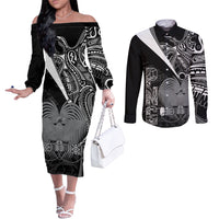 Custom Papua New Guinea Cricket Couples Matching Off The Shoulder Long Sleeve Dress and Long Sleeve Button Shirt Tribal Bird of Paradise Tattoo LT9 Black - Polynesian Pride