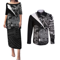 Custom Papua New Guinea Cricket Couples Matching Puletasi and Long Sleeve Button Shirt Tribal Bird of Paradise Tattoo LT9 Black - Polynesian Pride