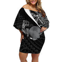 Custom Papua New Guinea Cricket Off Shoulder Short Dress Tribal Bird of Paradise Tattoo LT9 Women Black - Polynesian Pride