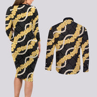 Aloha Melemele Hibiscus Pikake Lei Couples Matching Long Sleeve Bodycon Dress and Long Sleeve Button Shirt Hawaiian Quilt Pattern LT9 - Polynesian Pride