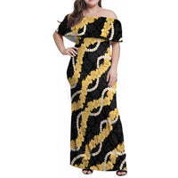 Aloha Melemele Hibiscus Pikake Lei Family Matching Off Shoulder Maxi Dress and Hawaiian Shirt Hawaiian Quilt Pattern LT9 Mom's Dress Black - Polynesian Pride