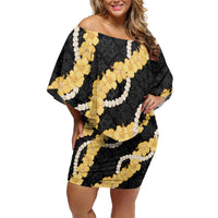 Aloha Melemele Hibiscus Pikake Lei Family Matching Off Shoulder Short Dress and Hawaiian Shirt Hawaiian Quilt Pattern LT9 Mom's Dress Black - Polynesian Pride