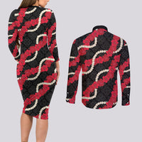 Aloha Ula'ula Hibiscus Pikake Lei Couples Matching Long Sleeve Bodycon Dress and Long Sleeve Button Shirt Hawaiian Quilt Pattern