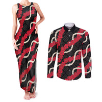 Aloha Ula'ula Hibiscus Pikake Lei Couples Matching Tank Maxi Dress and Long Sleeve Button Shirt Hawaiian Quilt Pattern
