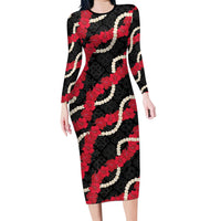 Aloha Ula'ula Hibiscus Pikake Lei Family Matching Long Sleeve Bodycon Dress and Hawaiian Shirt Hawaiian Quilt Pattern LT9 Mom's Dress Black - Polynesian Pride