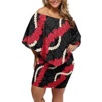 Aloha Ula'ula Hibiscus Pikake Lei Off Shoulder Short Dress Hawaiian Quilt Pattern
