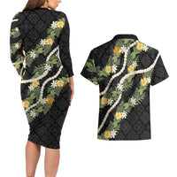 Puakenikeni Anthurium Pikake Lei Couples Matching Long Sleeve Bodycon Dress and Hawaiian Shirt Hawaiian Quilt Pattern