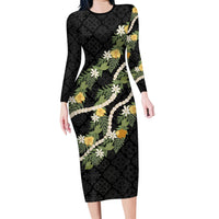 Puakenikeni Anthurium Pikake Lei Family Matching Long Sleeve Bodycon Dress and Hawaiian Shirt Hawaiian Quilt Pattern LT9 Mom's Dress Black - Polynesian Pride