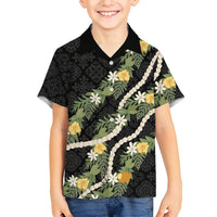 Puakenikeni Anthurium Pikake Lei Family Matching Mermaid Dress and Hawaiian Shirt Hawaiian Quilt Pattern LT9 Son's Shirt Black - Polynesian Pride