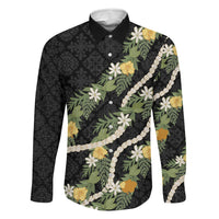 Puakenikeni Anthurium Pikake Lei Family Matching Off The Shoulder Long Sleeve Dress and Hawaiian Shirt Hawaiian Quilt Pattern LT9 Dad's Shirt - Long Sleeve Black - Polynesian Pride
