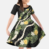 Puakenikeni Anthurium Pikake Lei Family Matching Short Sleeve Bodycon Dress and Hawaiian Shirt Hawaiian Quilt Pattern LT9 Daughter's Dress Black - Polynesian Pride