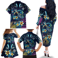 Plumeria Turtles Traditional Tribal Family Matching Off The Shoulder Long Sleeve Dress and Hawaiian Shirt LT9 - Polynesian Pride