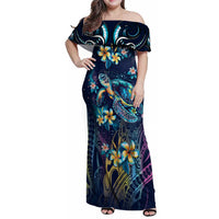 Plumeria Turtles Traditional Tribal Family Matching Off Shoulder Maxi Dress and Hawaiian Shirt LT9 Mom's Dress Black - Polynesian Pride