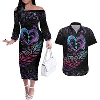 Personalised Your Life Matters Couples Matching Off The Shoulder Long Sleeve Dress and Hawaiian Shirt Suicide Prevention Awareness Semicolon Heart LT9 Black - Polynesian Pride