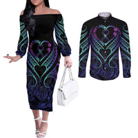 Personalised Your Story Isn't Over Couples Matching Off The Shoulder Long Sleeve Dress and Long Sleeve Button Shirt Suicide Prevention Awareness Semicolon Heart LT9 Black - Polynesian Pride