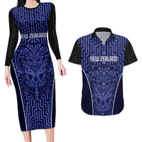 Custom Basketball New Zealand Couples Matching Long Sleeve Bodycon Dress and Hawaiian Shirt Blue Maori Ta Moko Indigenous - Polynesian Pride