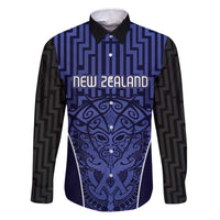 Custom Basketball New Zealand Family Matching Off The Shoulder Long Sleeve Dress and Hawaiian Shirt Blue Maori Ta Moko Indigenous LT9 Dad's Shirt - Long Sleeve Blue - Polynesian Pride