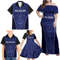 Custom Basketball New Zealand Family Matching Off Shoulder Maxi Dress and Hawaiian Shirt Blue Maori Ta Moko Indigenous LT9 - Polynesian Pride