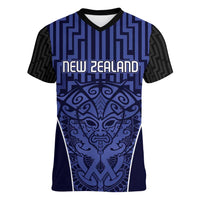 Custom Basketball New Zealand Women V-Neck T-Shirt Blue Maori Ta Moko Indigenous LT9 Female Blue - Polynesian Pride