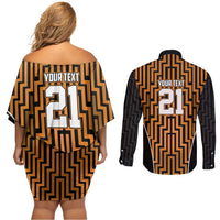 Custom Basketball New Zealand Couples Matching Off Shoulder Short Dress and Long Sleeve Button Shirt Gold Maori Ta Moko Indigenous LT9 - Polynesian Pride