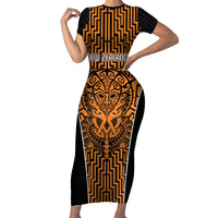 Custom Basketball New Zealand Family Matching Short Sleeve Bodycon Dress and Hawaiian Shirt Gold Maori Ta Moko Indigenous LT9 Mom's Dress Gold - Polynesian Pride