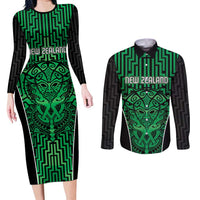 Custom Basketball New Zealand Couples Matching Long Sleeve Bodycon Dress and Long Sleeve Button Shirt Green Maori Ta Moko Indigenous LT9 Green - Polynesian Pride