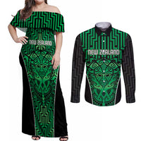 Custom Basketball New Zealand Couples Matching Off Shoulder Maxi Dress and Long Sleeve Button Shirt Green Maori Ta Moko Indigenous LT9 Green - Polynesian Pride