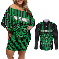 Custom Basketball New Zealand Couples Matching Off Shoulder Short Dress and Long Sleeve Button Shirt Green Maori Ta Moko Indigenous LT9 Green - Polynesian Pride