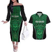 Custom Basketball New Zealand Couples Matching Off The Shoulder Long Sleeve Dress and Hawaiian Shirt Green Maori Ta Moko Indigenous LT9 Green - Polynesian Pride